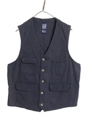 【お得なクーポン配布中!】 90s オールド ギャップ ワーク ベスト メンズ M / コットン キャンバス テーラード ガチャポケ ノースリーブ 前開き 重ね着 薄手 紺 無地