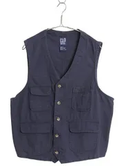 【お得なクーポン配布中!】 90s オールド ギャップ ワーク ベスト メンズ L / コットン キャンバス テーラード ガチャポケ ノースリーブ 前開き 重ね着 薄手 紺 無地