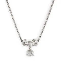 シャネル A98005 リボン ココマーク ラインストーン シルバー ネックレス ペンダント CHANEL（美品）