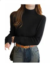 [goodspoon] 裏起毛 リブニット レディース ハイネック セーター パフスリーブ トップス 厚手 防寒 暖かい 冬 秋 ストレッチ スリム フィット カジュアル オフィス プレゼント タートルネック 保温性 ニットソー スタイル ボディ [ブラック]