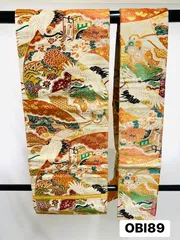 【帯】名古屋帯　アンティーク　アンティーク帯　鶴　菊　牡丹　御所車　金糸　刺繍　着物　和装　OBI 89