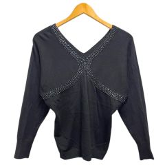 インタープラネット INTERPLANET ニット セーター Vネック ビーズ装飾 長袖 02 黒 ブラック