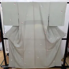 未使用　仕立て糸付き　難あり　化繊　小紋　青竹色　身丈158㎝　20-1799