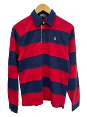 POLORALPH LAUREN (ポロラルフローレン) 長袖ラガーシャツ ボーダー ポニー刺繡 90S 00S 古着 ビンテージ L (14-16) レッド×ネイビー レディース/065
