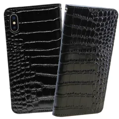 iphoneX/XS ブラック ケース レザー 手帳型 牛革 クロコダイル スマホケース