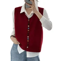 [Clove Cube] 【クローブキューブ】ニットベスト ふっくら柔らか レトロカラーボタン 秋冬 重ね着 丸襟 着回し (レッド) [レッド]