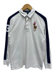 POLORALPH LAUREN (ポロラルフローレン) 長袖ラガーシャツ 袖ライン ポニー刺繡 ワッペン 古着 L (14-16) ホワイト×ネイビー レディース/065