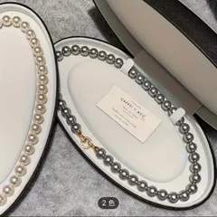 t104 【高級感デザイン金具】 8mmパールネックレス 45cm 上品 大人 グレー ホワイト 重厚感