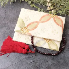 数珠入れ　数珠ケース　念珠入れ　帯リメイク   和風　和柄　白　パステル　華紋　金  J-15-087  ハンドメイド