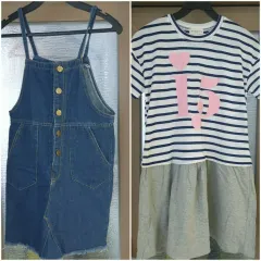 サスペンダー デニム ONE PIECE + ストライプ ONE PIECE (約140)