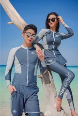 ラッシュガード メンズ3点セット/レディース5点セット  シンプル ブルーグレー 切替 ホワイト 水着 日よけ UVケア サーフィン マリンスポーツ ランニング ヨガ スポーツウェア