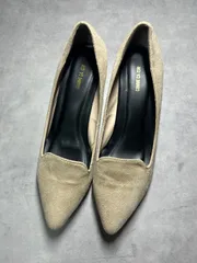 COMME CA ISM コムサイズム パンプス 23.5cm ベージュ スエード調 ローファー風 ポインテッドトゥ チャンキーヒール 太ヒール 歩きやすい 痛くない 美脚 オフィス フォーマル カジュアル 仕事 冠婚葬祭 中古 美品 レディース