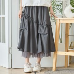 SALENEW Spring [TRUBE] 튜 도킹 스커트 [N42-199] 여성 여성 의류 양복 하의 롱 스커트 플레어 튤 전환 체형 커버 세련된 고급 어른 귀여운 예쁜 차콜 (M ~ L)