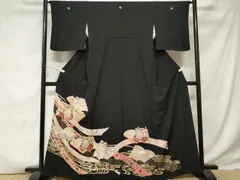平和屋着物■豪華黒留袖　駒刺繍　御所車冊子草花文　金彩　正絹　逸品　CABD3774ev
