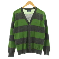 フレッドペリー FRED PERRY ニットカーディガン 長袖 Vネック ボーダー柄 ウール M 緑 グリーン グレー K9242 /KU ■ECD001