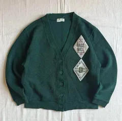 90s　vintage　ヴィンテージ古着　当時物　肉厚ハイゲージ編みニット　短丈レタードカーディガン　野球ロゴ刺繍　ひし形ワッペン　ダークグリーン　M　Y2K　C-GIRL　アメカジ　baseball logo patch lettered cardigan