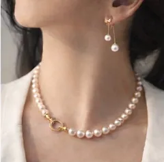 s54.t104 【上品パール2点セット】ゴールドネックレス＋揺れるパールピアス／フォーマル・結婚式・入学式