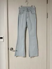 ライトブルー ダブルボタン ハイウエスト ロング ブーツカット デニム (M)