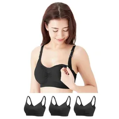 【新品】 [チャーメイクボディ] まなべび受賞 3枚セット 授乳ブラ 垂れ防止 肌に優しい マタニティブラ ストラップオープン 産前 産後 延長ホック付き (L, ブラック×3) 0