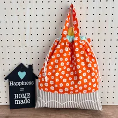 No.3【30×27】ループ付き⭐︎大きな持ち手付き巾着 ✳︎オレンジフラワー