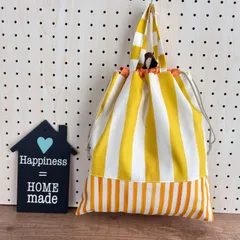 No.5【30×27】ループ付き⭐︎大きな持ち手付き巾着 ✳︎イエローストライプ