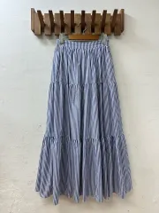 日本 ヴィンテージ ブルー ストライプ Aライン ティアード ロング スカート
