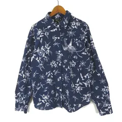 アニエスベー agnes b. ブラウス シャツ 総柄 フランス製 コットン 長袖 M 38 紺 ネイビー 白 ホワイト 国内正規品