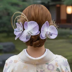 パープル 紫 胡蝶蘭の髪飾り 結婚式 成人式 水引  ウェディング ゴールド コチョウラン 卒業式 浴衣