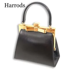 【美品】Harrods ハロッズ 通年★ ハンドバッグ トップハンドル フレーム Sz.F レディース 黒のサムネイル