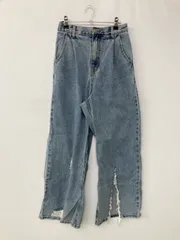 デニムパンツ S ブルー フルレングス 無地 ストレート ワイド・ルーズ レギュラー ウエストゴム・紐 クラッシュ・ダメージ