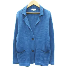 ピエールカルダン Pierre Cardin ニットテーラードジャケット ミドル丈 シングルボタン ストライプ柄 42 XL ブルー 青 ブラック 黒 /YM20