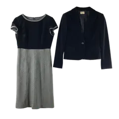 アリスバーリー Aylesbury セットアップ ジャケット ワンピース ベロア ロゴボタン 綿 肩パッド 裏地付き グレー 黒系 996214