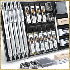 ☆彡送料無料でお届け☆彡シルバー STAGEEK 21本入りメタルシャープペンシルセット、アート鉛筆 0.3、0.5、0.7、0.9、2mmのリードホルダー（HB、2H、2B、4B、カラー）10本のグラファイト芯詰め替えチューブとケース付き消しゴム、製図、描画