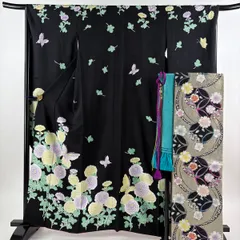 【美品】振袖 身丈159.5cm 裄丈66.5cm M 袷 袋帯フルセット 菊 蝶 黒 正絹 秀品 【中古】