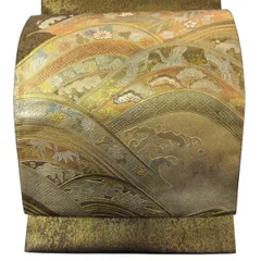 袋帯 秀品 松竹梅 波 螺鈿 金銀彩 金茶 お太鼓柄 正絹 【中古】