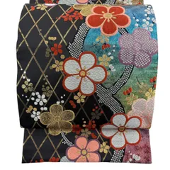 袋帯 秀品 四季姿 枝梅 斜め格子 唐織 箔 黒 全通 正絹 【中古】