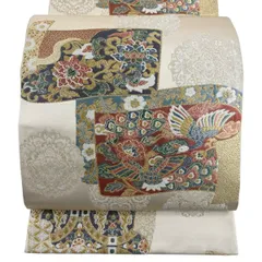 袋帯 秀品 巻物 花鳥 金糸 箔 金色 六通 正絹 【中古】