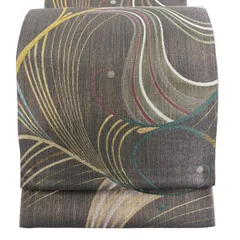 【美品】 袋帯 秀品 幾何学模様 箔 刺繍 灰色 六通 正絹 【中古】