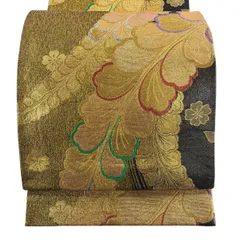 【美品】 袋帯 秀品 花柄 花びら 金糸 箔 金色 六通 正絹 【中古】
