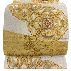 【美品】 袋帯 秀品 裂取宝飾華文 向かい鳥 箔 唐織 金色 六通 正絹 【中古】