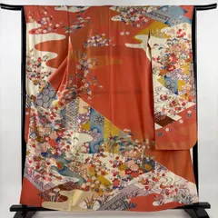 振袖 身丈159cm 裄丈63.5cm S 袷 御所車 草花 金糸 金彩 オレンジ 正絹 秀品 【中古】
