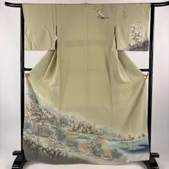 訪問着 身丈165cm 裄丈63.5cm S 袷 落款 風景 樹木 ぼかし 灰緑 正絹 秀品 【中古】