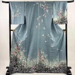 訪問着 身丈172cm 裄丈69cm L 袷 秋草 鴛鴦 金彩 ぼかし 水色 正絹 秀品 【中古】