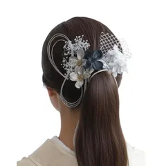 [Lomeri ロメリ] 組紐とオーガンジーリボンの髪飾り ドライフラワー ポニーテール 髪飾り 成人式 卒業式 振袖 結婚式 和装 A132 (シルバー) 0