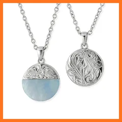 【新品】 ハワイアンジュエリー ネックレス コイン型 ブルーシェル リバーシブル ステンレス スクロール シルバー シェル 貝 ペンダント あずきチェーン付き 50cm 0