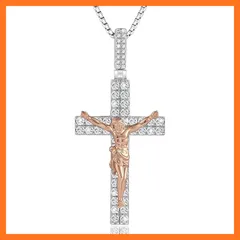 【新品】 KRKC&CO 十字架 ネックレス メンズ 誕生日プレゼント 男性 ペンダントトップ クロスネックレス イエスキリスト ジルコニア ベネチアンチェーン付き 長さ調整可能 【2点セット】 誕生日 プレゼント 男性 ヒップホップ アクセサリー (M- 0