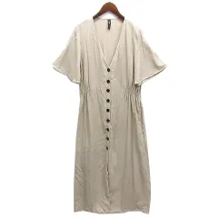 ザラ ZARA フロントボタン フレアスリーブ ロング シャツ ワンピース Vネック 半袖 ベージュ XL