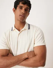 エイソス メンズ トップス ポロシャツ リブニット シャツ ニット ASOS DESIGN boxy polo shirt with tipped collar rib knit CREAM クリーム