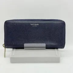 【美品】ケイトスペード 長財布 ラウンドファスナー ネイビー シボレザー ロゴ