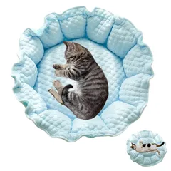 ひんやり 接触冷感 丸型 暖かい ふわふわ 可愛い 保温防寒 オールシーズン 暑さ/寒さ対策 あごのせ 通気性優れ 犬用/猫用ベッド マット丸洗い ペットクッション ブルー ペットベッド ベッド Lサイズ 猫 犬